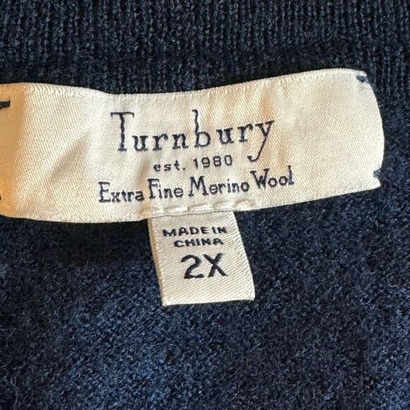 Turnbury Sweater Mens Size 2X Extra Fine Merino Wool Knit Navy Blue V Neck - Picture 6 of 10